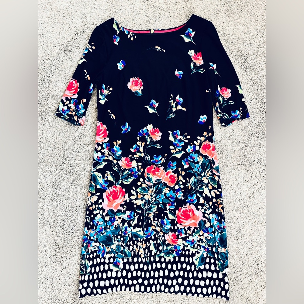Eliza J Navy Floral Sheath Midi Dress Elbow Sleeve Crew Neck size 2